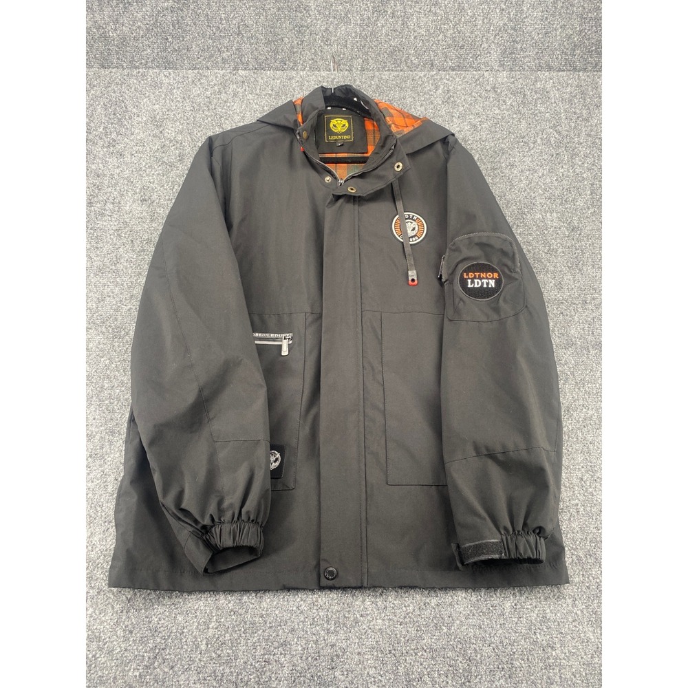 Leduntino Hooded Utility Jacket Mens Large Black Orange Plaid Lined Streetwear